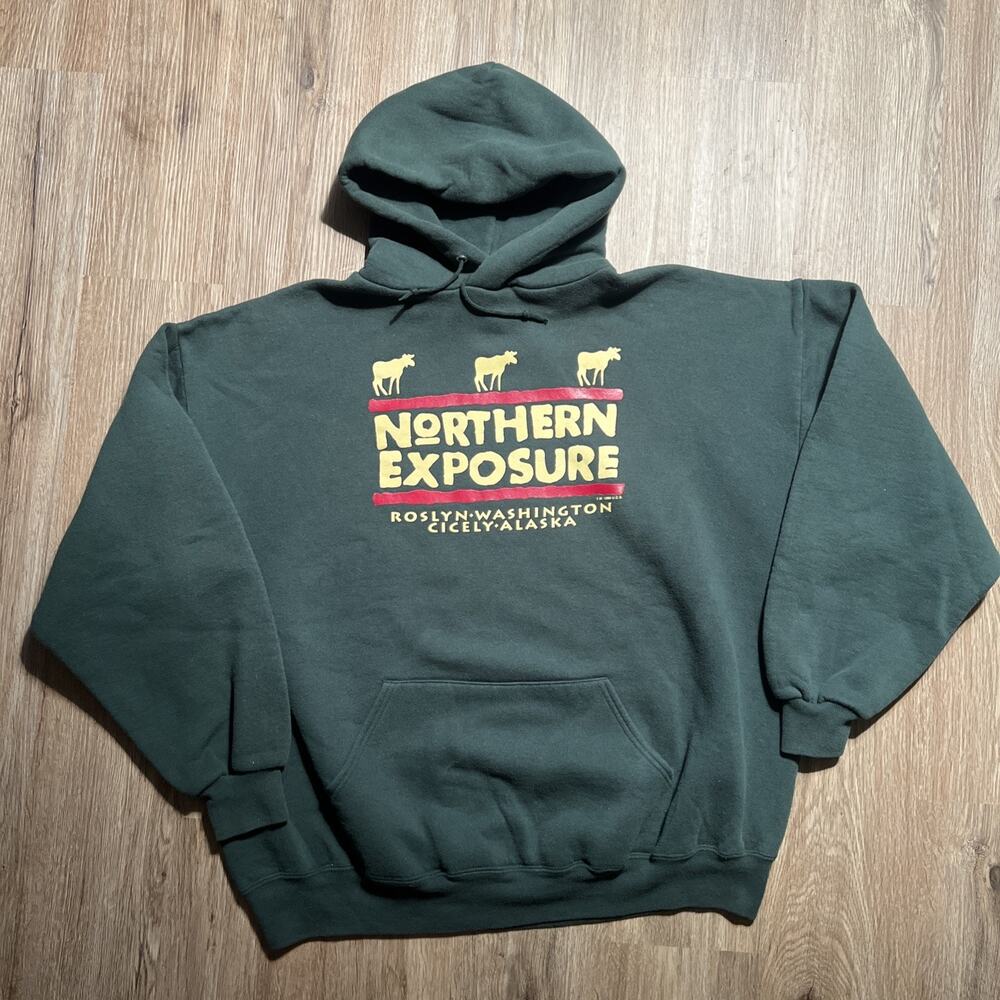 Rare 90s Northern Exposure Roslyn Cozy Cult TV Show Moose Hoodie Sweatshirt XL